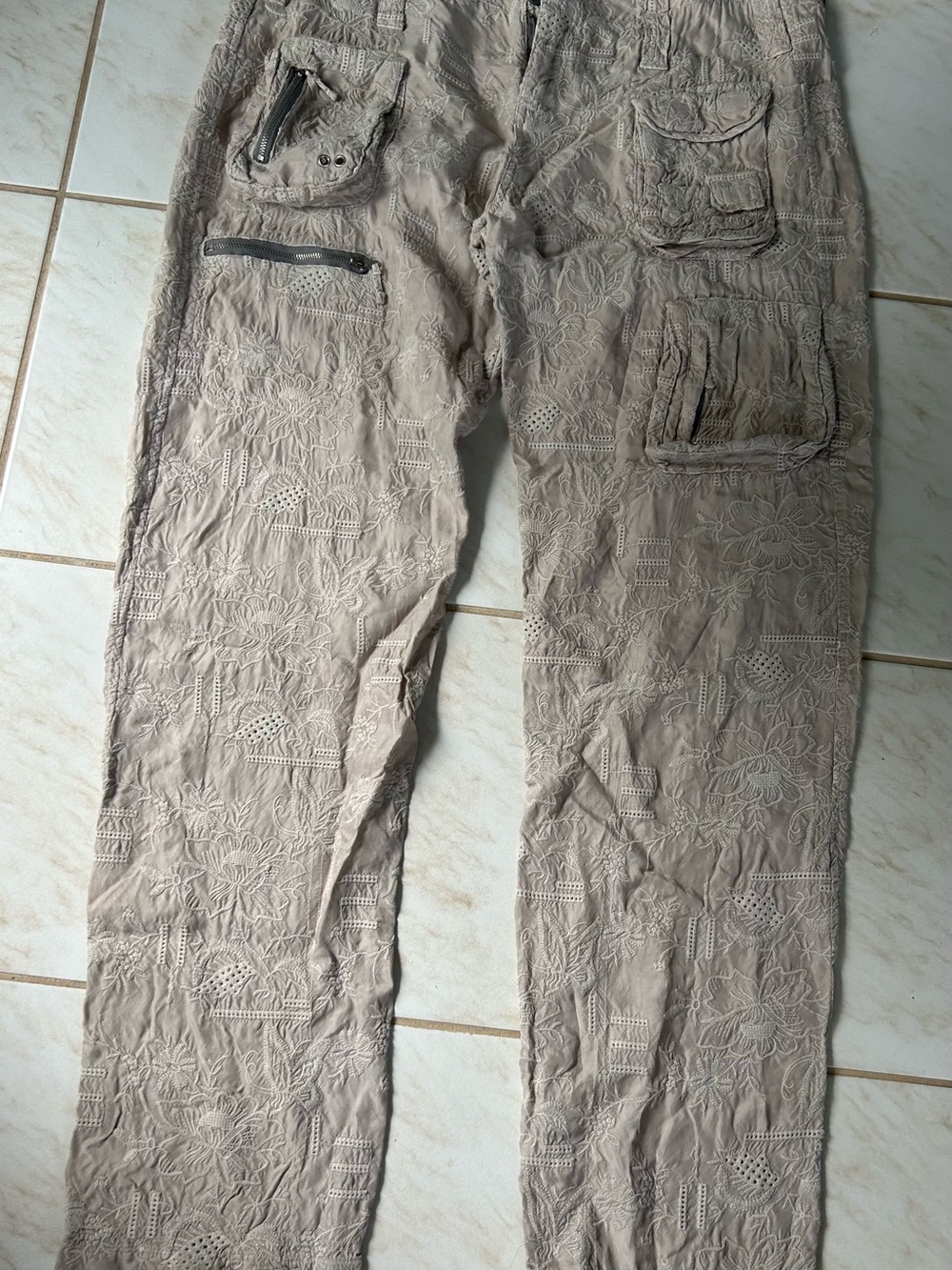 Johnny Was Beige Embroidered Cargo Pants